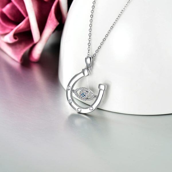 Sterling Silver Zircon Silver Palted Evil Eye Horseshoe Pendant Necklace-1