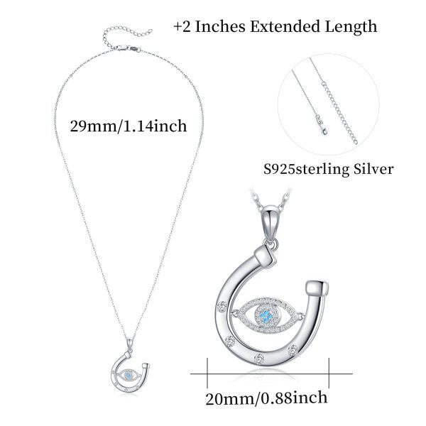 Sterling Silver Zircon Silver Palted Evil Eye Horseshoe Pendant Necklace-4