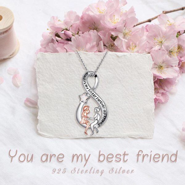 Sterling Silver with Opal Two Tone Color Star Always My Sister Forever My Friend Infinity Pendant Chain Necklace-1