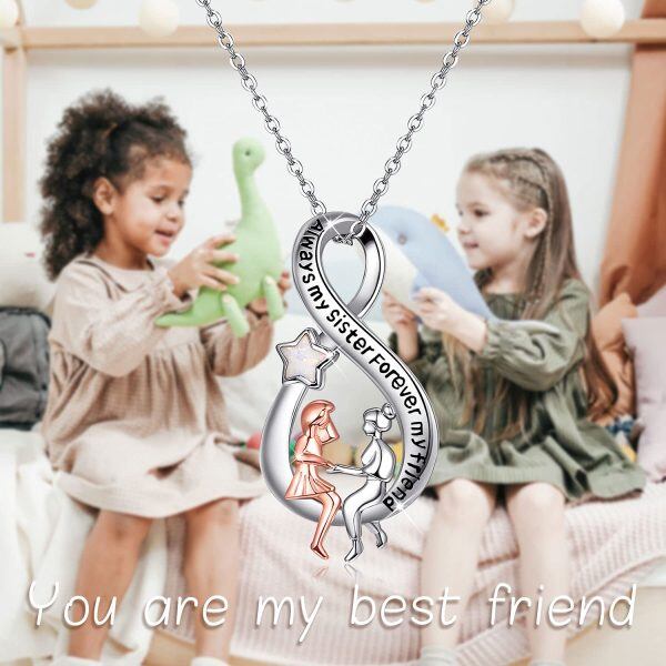 Sterling Silver with Opal Two Tone Color Star Always My Sister Forever My Friend Infinity Pendant Chain Necklace-4