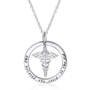 Sterling Silver Zircon Silver Plated Nurse Themed Caduceus & Stethoscope Pendent Necklace-0