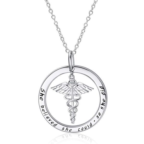 Sterling Silver Zircon Silver Plated Nurse Themed Caduceus & Stethoscope Pendent Necklace-0