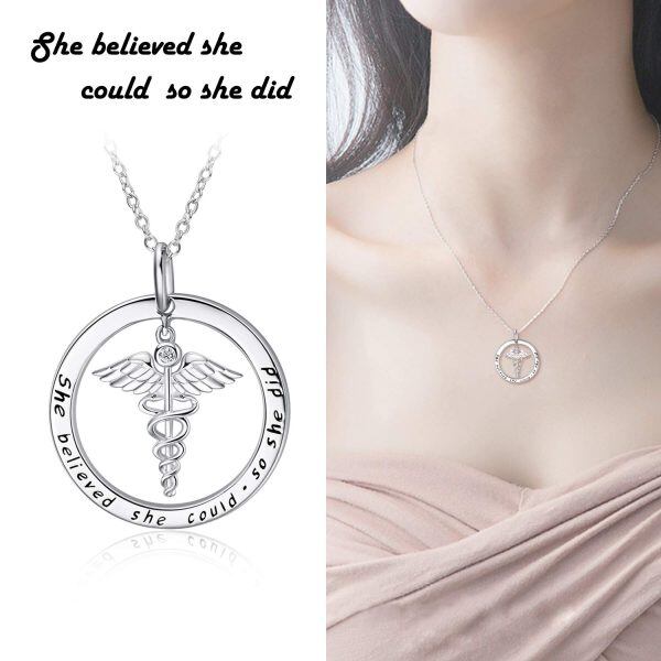 Sterling Silver Zircon Silver Plated Nurse Themed Caduceus & Stethoscope Pendent Necklace-1