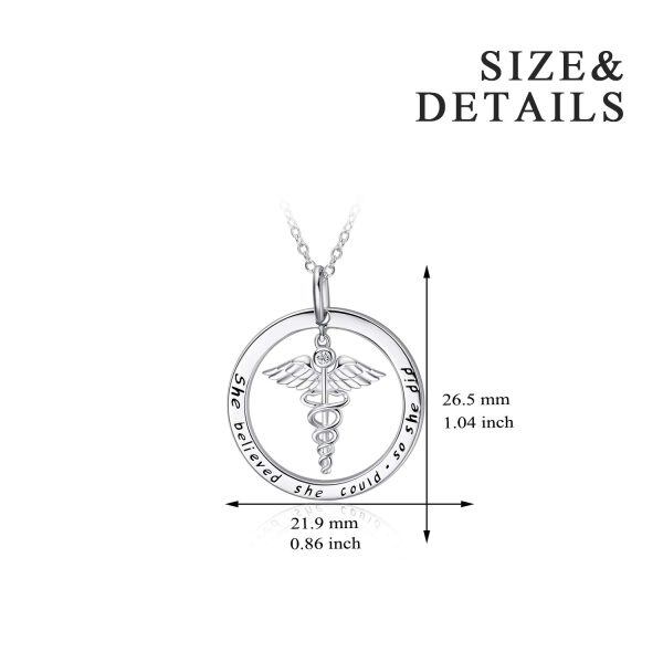 Sterling Silver Zircon Silver Plated Nurse Themed Caduceus & Stethoscope Pendent Necklace-2