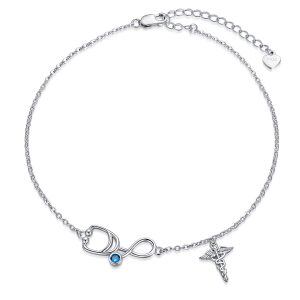 Sterling Silver Zircon Silver Plated Stethoscope Bracelet Caduceus Angel Nursing Themed Charm Bracelet -0