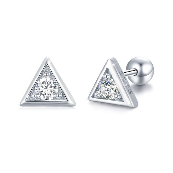 Sterling Silver Tiny Triangle with Shiny Zirconia Screw Back Earrings-0