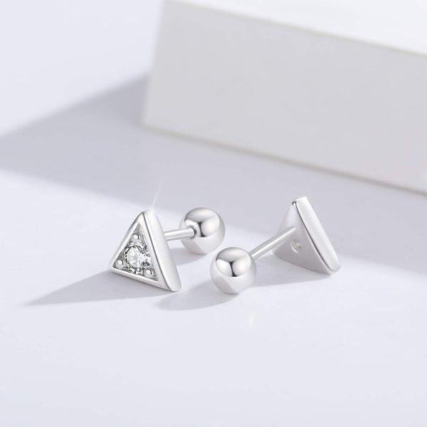 Sterling Silver Tiny Triangle with Shiny Zirconia Screw Back Earrings-5