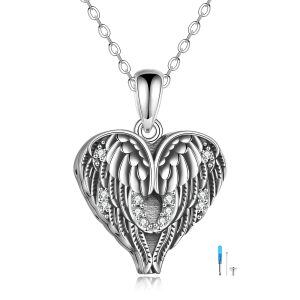 Sterling Silver Zircon Oxidiated Guardian Angel Wings Urn Necklaces -0