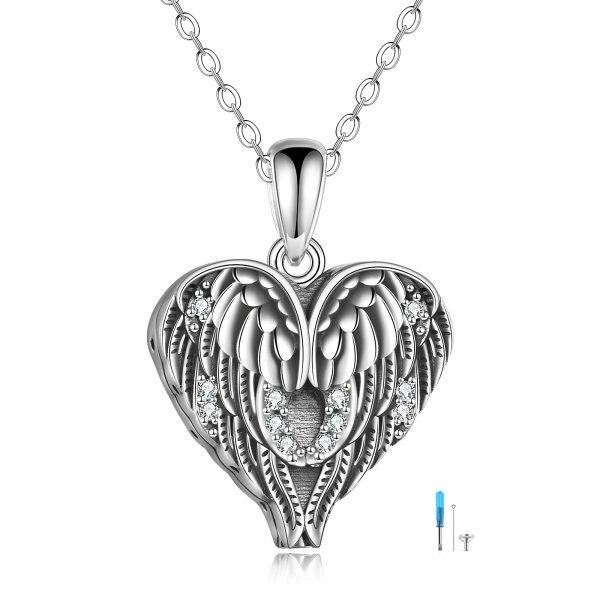 Sterling Silver Zircon Oxidiated Guardian Angel Wings Urn Necklaces -0