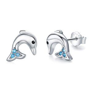 Sterling Silver Zircon Silver Plated Dolphin Stud Earrings-0