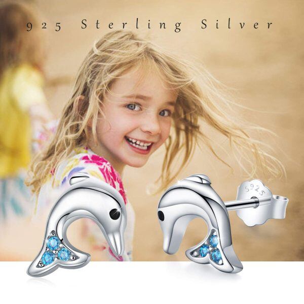 Sterling Silver Zircon Silver Plated Dolphin Stud Earrings-5