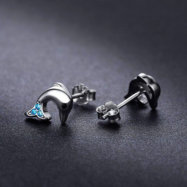 Sterling Silver Zircon Silver Plated Dolphin Stud Earrings-6