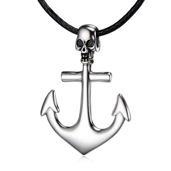 Sterling Silver Silver Plated Skull Cross Anchor Pendant Necklace-0