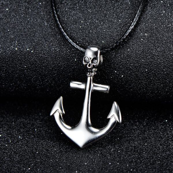 Sterling Silver Silver Plated Skull Cross Anchor Pendant Necklace-1