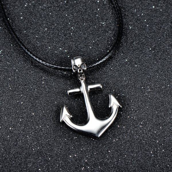 Sterling Silver Silver Plated Skull Cross Anchor Pendant Necklace-2