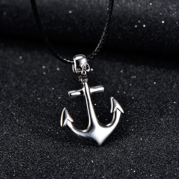 Sterling Silver Silver Plated Skull Cross Anchor Pendant Necklace-5