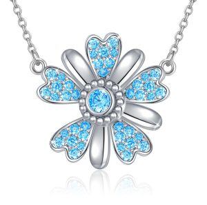 Sterling Silver Blue Zircon Silver Plated Daisy Flower Sunflower Pendant Necklace-0