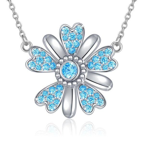 Sterling Silver Blue Zircon Silver Plated Daisy Flower Sunflower Pendant Necklace-0