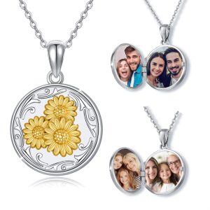 Sterling Silver Two Tone Color Heart Shape Sunflower Photo Locket Necklace -0