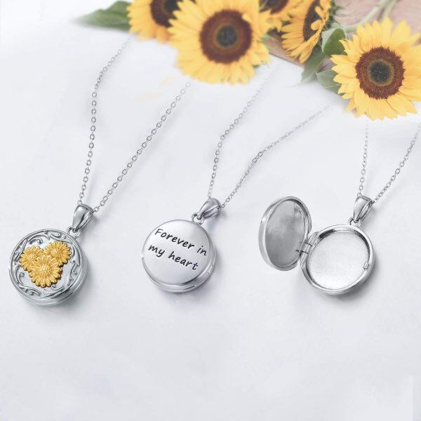 Sterling Silver Two Tone Color Heart Shape Sunflower Photo Locket Necklace -1