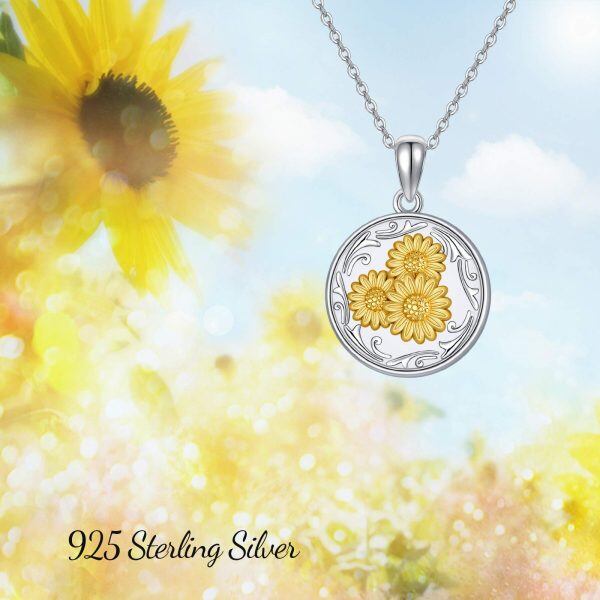 Sterling Silver Two Tone Color Heart Shape Sunflower Photo Locket Necklace -5