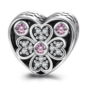 Sterling Silver Zircon Oxidized Beauty of Nature Lucky Clover Heart Shape Bead Charm -0