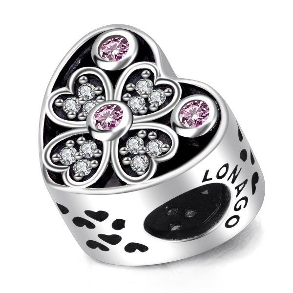 Sterling Silver Zircon Oxidized Beauty of Nature Lucky Clover Heart Shape Bead Charm -1