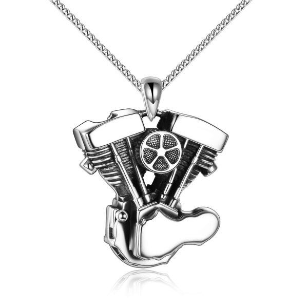 Sterling Silver Oxidized Engine Motorcycle Urn Pendant Necklace -1