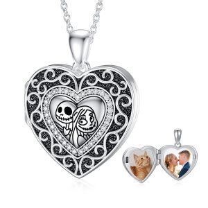 Sterling Silver Zircon Silver Plated Jack Skellington and Sally Heart Locket Pendant Necklace-0