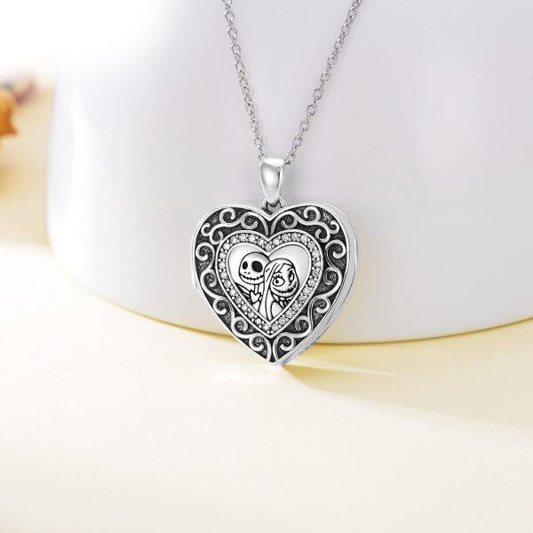 Sterling Silver Zircon Silver Plated Jack Skellington and Sally Heart Locket Pendant Necklace-1