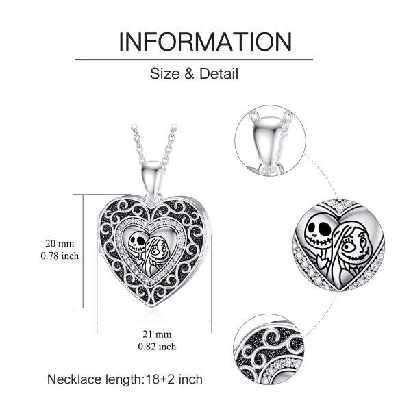 Sterling Silver Zircon Silver Plated Jack Skellington and Sally Heart Locket Pendant Necklace-6