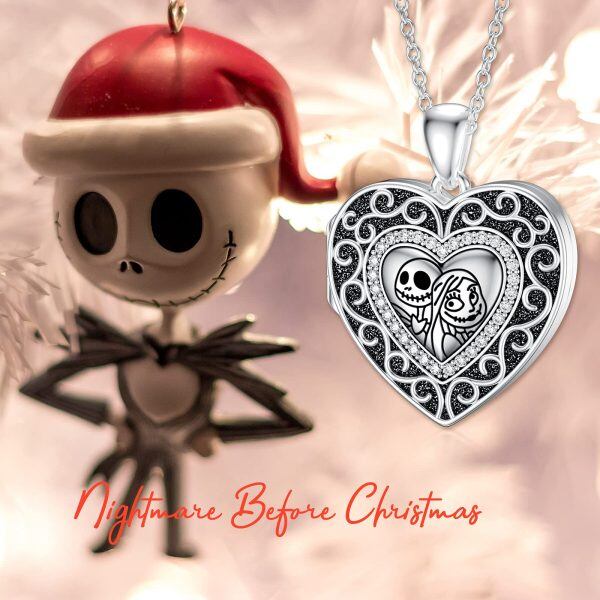 Sterling Silver Zircon Silver Plated Jack Skellington and Sally Heart Locket Pendant Necklace-7