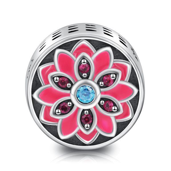 Sterling Silver Zircon Oxidized Red Flower Bead Charm -0