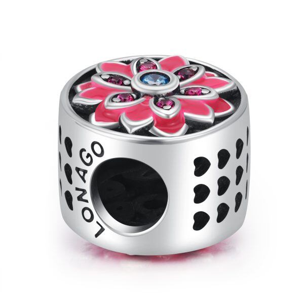 Sterling Silver Zircon Oxidized Red Flower Bead Charm -1