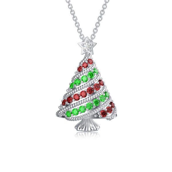 Sterling Silver Zircon Silver Plated Christmas Tree Necklace -0