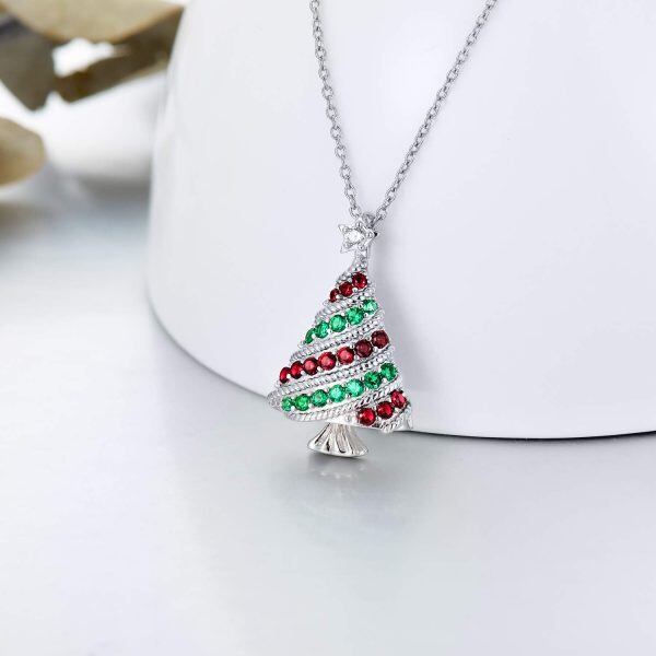 Sterling Silver Zircon Silver Plated Christmas Tree Necklace -1