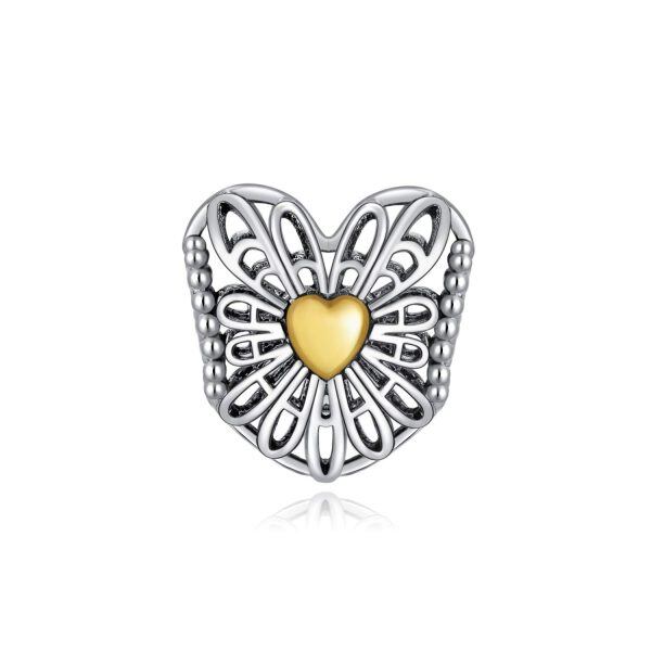 Sterling Silver Two Tone Color Fit for Snake Bracelet Necklace Heart Shape Filigree Charms Beads-0