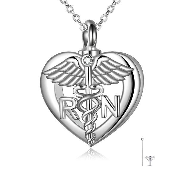 Sterling Silver Caduceus Angel Nursing Heart-Shaped Urn Pendent Necklace -0