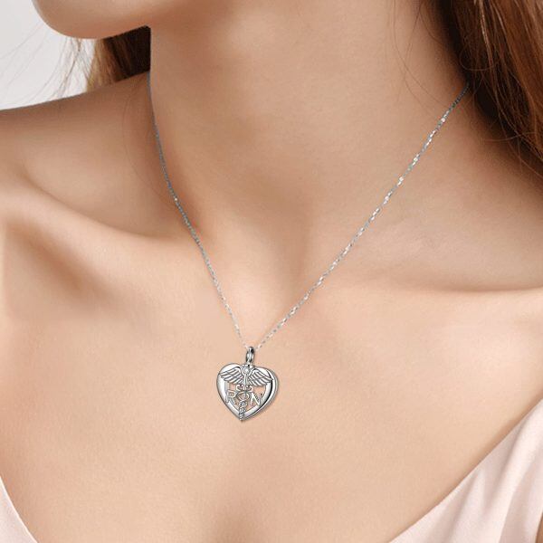 Sterling Silver Caduceus Angel Nursing Heart-Shaped Urn Pendent Necklace -1