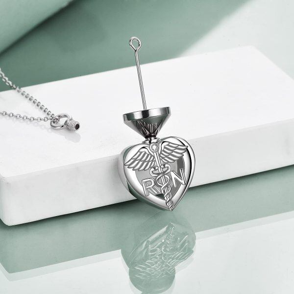 Sterling Silver Caduceus Angel Nursing Heart-Shaped Urn Pendent Necklace -3