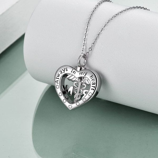 Sterling Silver Caduceus Angel Nursing Heart-Shaped Urn Pendent Necklace -4