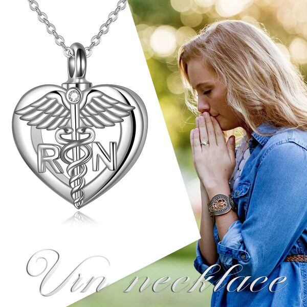 Sterling Silver Caduceus Angel Nursing Heart-Shaped Urn Pendent Necklace -5