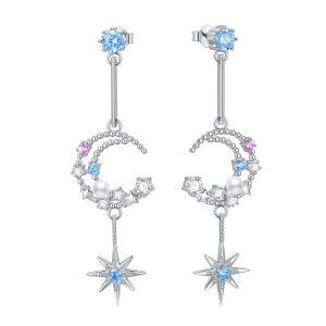 Sterling Silver Zircon Silver Plated Moon Star Drop Studs Earrings-0