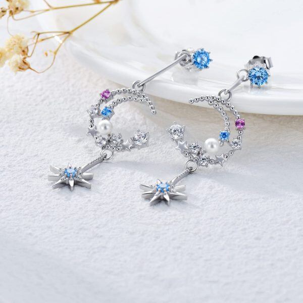 Sterling Silver Zircon Silver Plated Moon Star Drop Studs Earrings-1