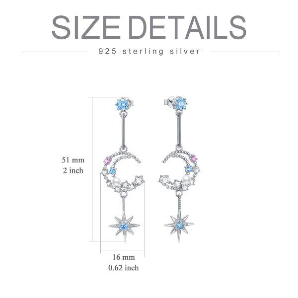 Sterling Silver Zircon Silver Plated Moon Star Drop Studs Earrings-2