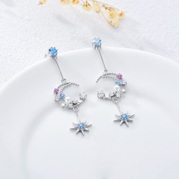 Sterling Silver Zircon Silver Plated Moon Star Drop Studs Earrings-3