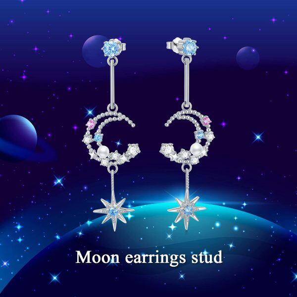 Sterling Silver Zircon Silver Plated Moon Star Drop Studs Earrings-5