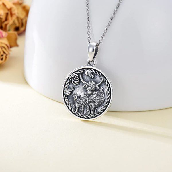 Sterling Silver Mother and Child Highland Cow Pendent Necklace-3