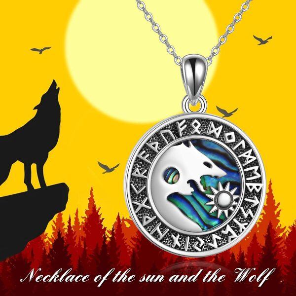 Sterling Silver Abalone Shell Oxidized Viking Wolf Pendant Necklace -4