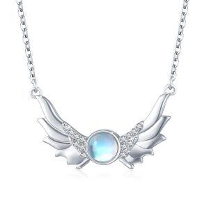 Sterling Silver Moonstone Silver Plated Guardian Angel Wing Pendent Necklace -0